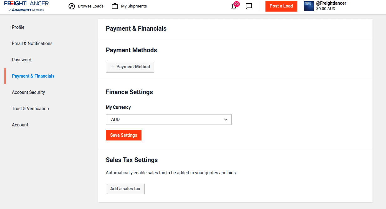 Payment and Financials in Settings page