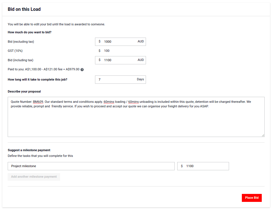 Bidding on a load if registered for GST