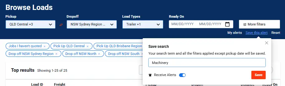 Save alerts for loads posted in preferred load type