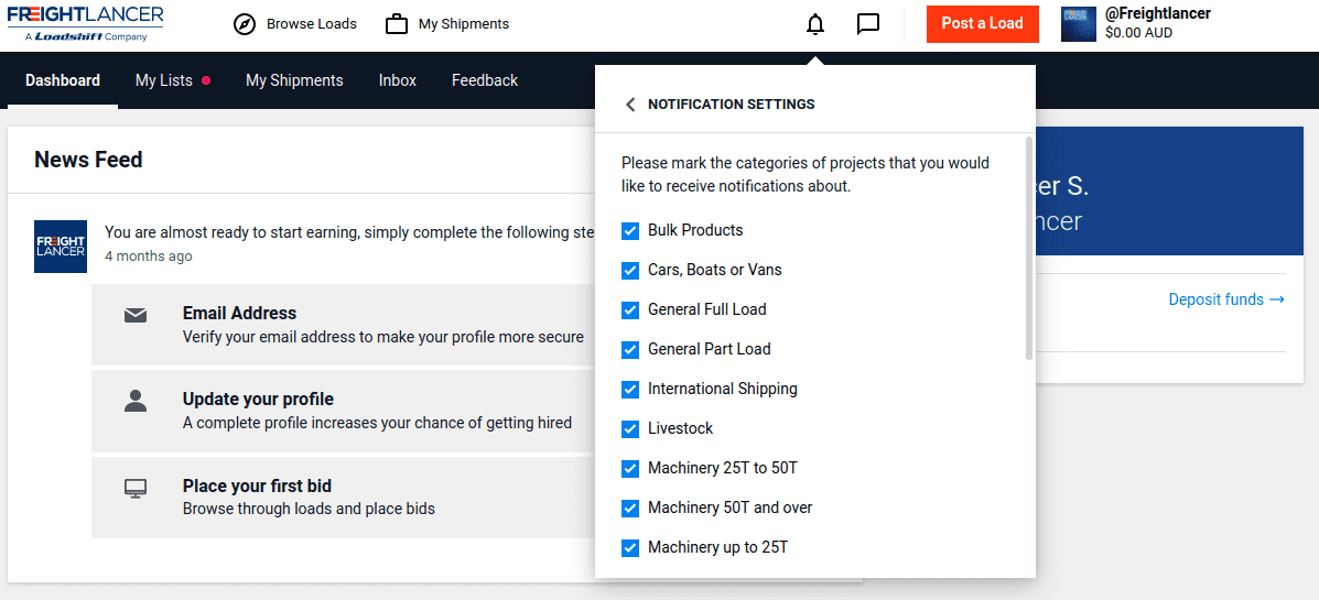 Live Notifications for loads posted in preferred load type