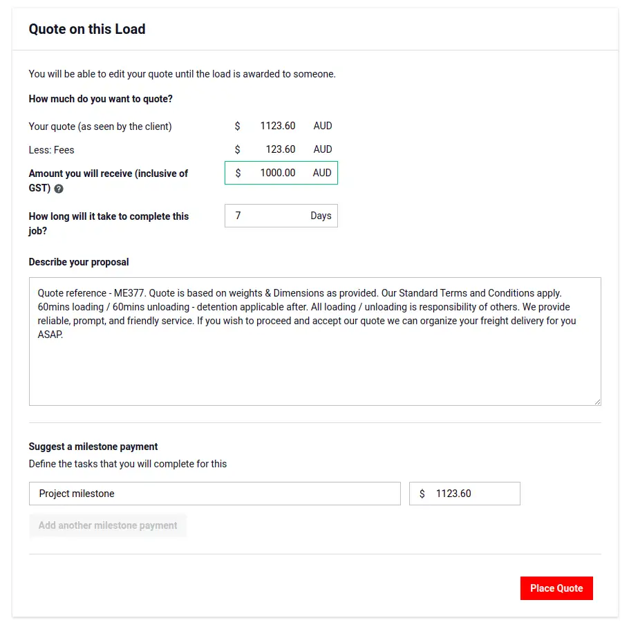 Quoting on a load if registered for GST