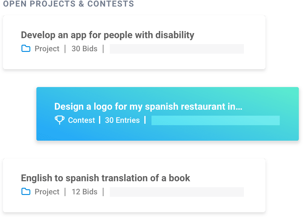 PROYECTOS Y CONCURSOS ABIERTOS Desarrolla una app para personas con capacidades especiales Proyecto | 30 ofertas| Diseña un logo para mi restaurante español en... Concurso | 30 participaciones | Traducción de un libro de inglés a español Proyecto | 12 ofertas |