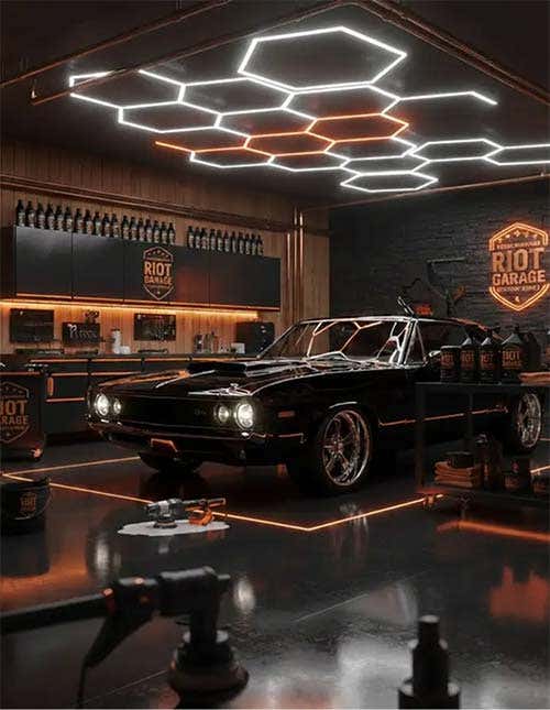 A 3D render of a branded car-detailing studio with a muscle car under hexagonal lights