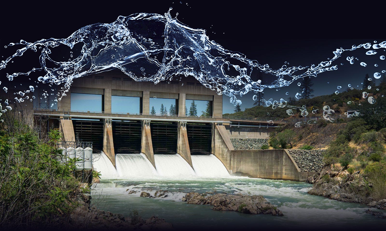 Dam with water splash overlaid