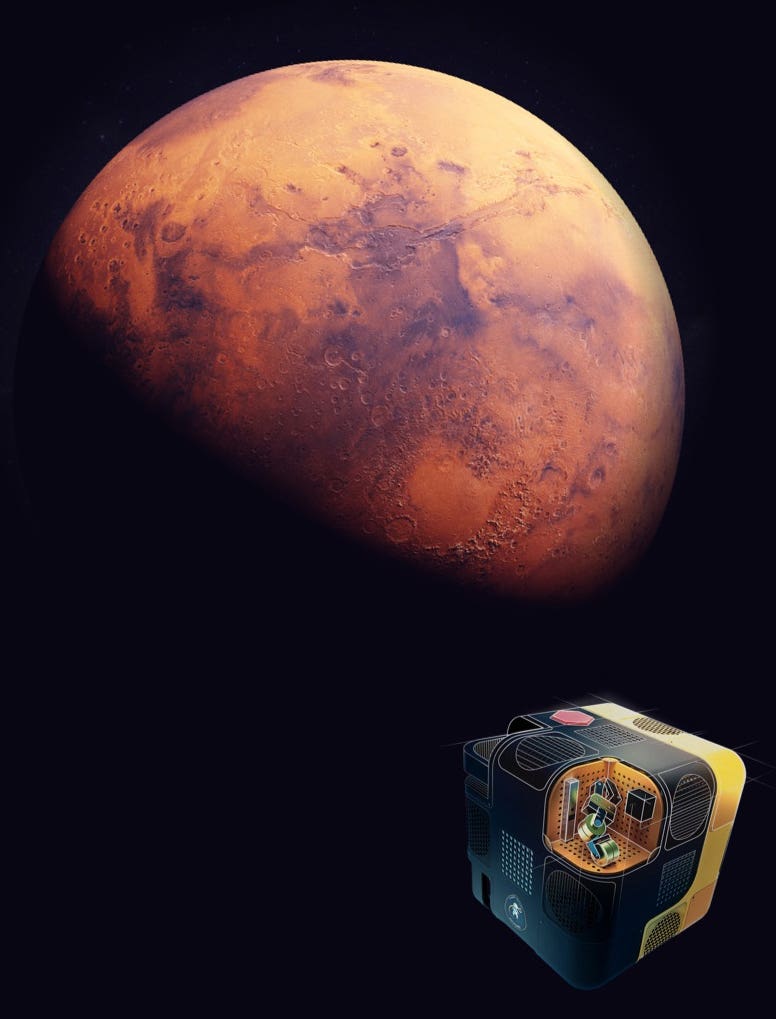 Astrobee robotic free-flyer below the Mars planet background