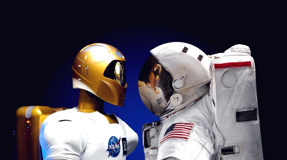 Robonaut and astronaut facing each other mobile view